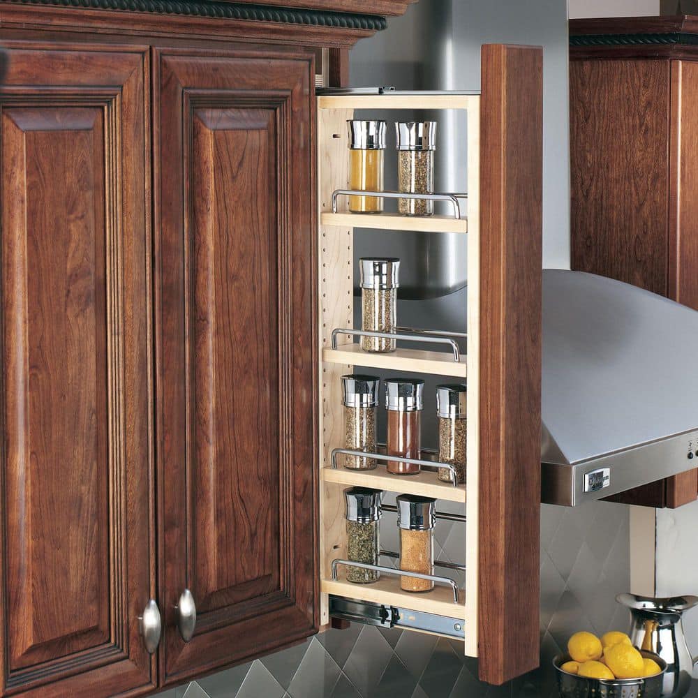 Rev-A-Shelf 3 in W x 36 in H 4-Tier Pull-Out Wood Wall Filler Organizer with Soft-Close Slides, Natural Maple