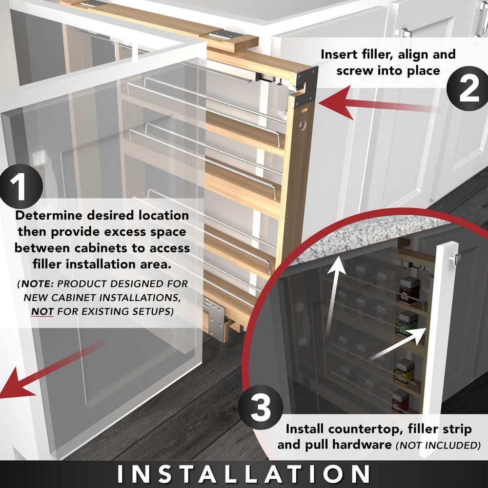 Rev-A-Shelf 3 in W x 36 in H 4-Tier Pull-Out Wood Wall Filler Organizer with Soft-Close Slides, Natural Maple