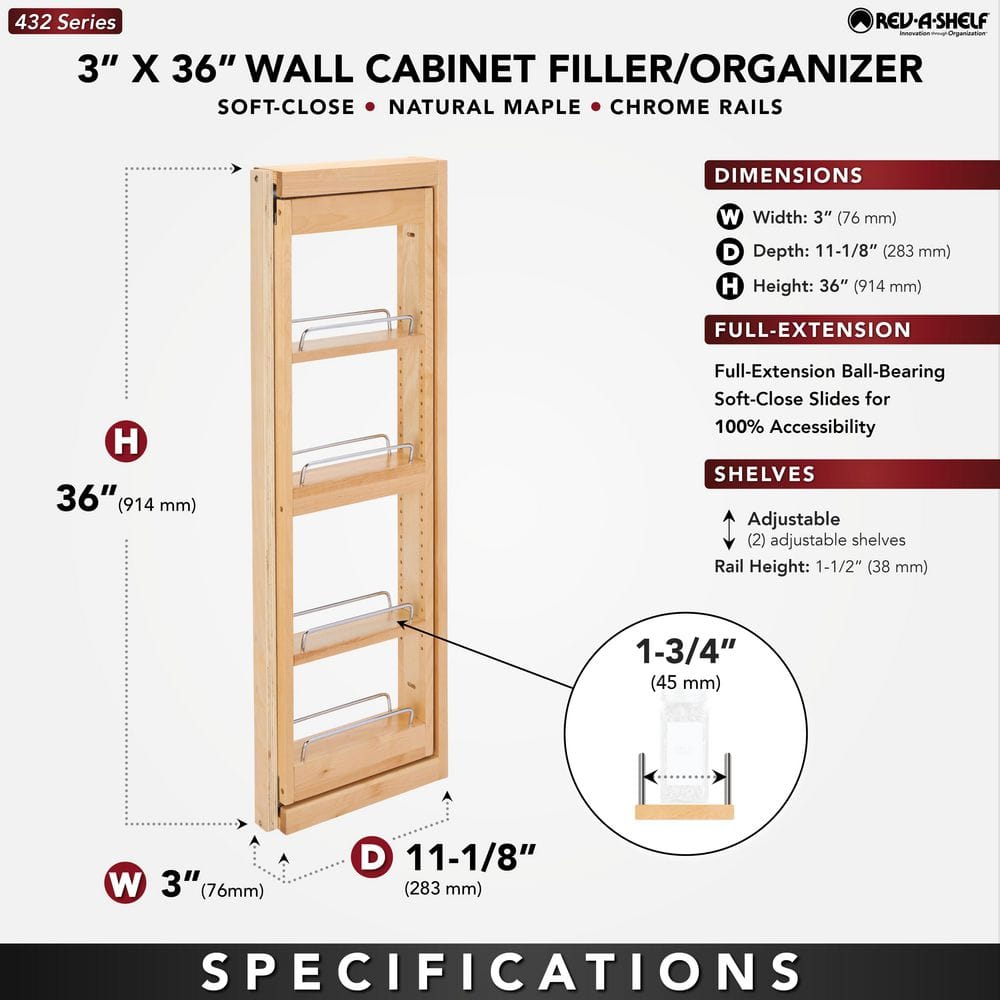 Rev-A-Shelf 3 in W x 36 in H 4-Tier Pull-Out Wood Wall Filler Organizer with Soft-Close Slides, Natural Maple