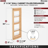 Rev-A-Shelf 3 in W x 36 in H 4-Tier Pull-Out Wood Wall Filler Organizer with Soft-Close Slides, Natural Maple