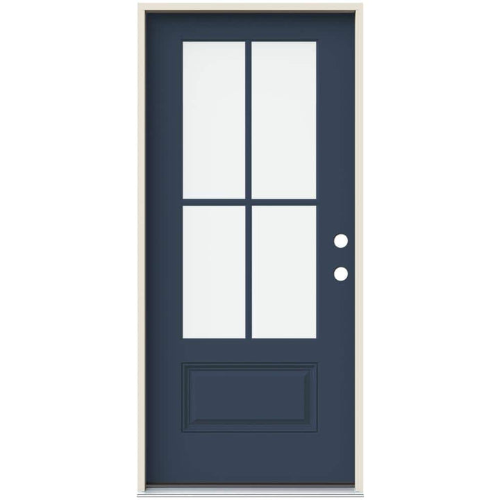 36 in. x 80 in. Left-Hand 4 Lite Clear Glass Revival Blue Painted Fiberglass Prehung Front Door with Brickmould