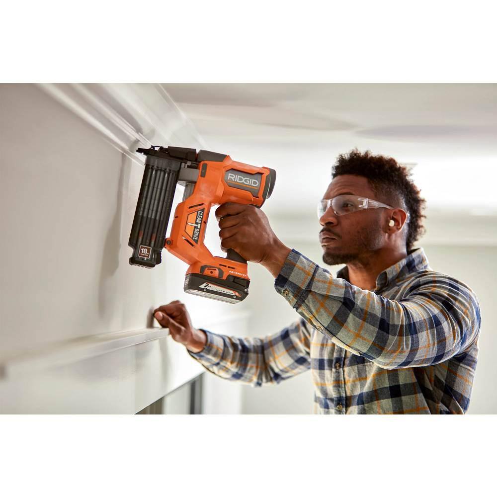 RIDGID 18V Brushless Cordless 18-Gauge 2-1/8 in. Brad Nailer with CLEAN DRIVE Technology with 18V 2.0 Ah Lithium-Ion Battery