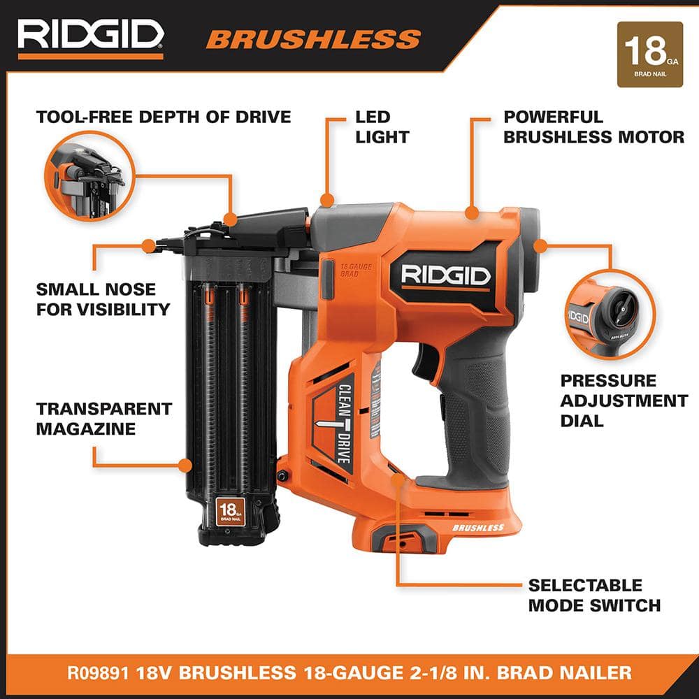RIDGID 18V Brushless Cordless 18-Gauge 2-1/8 in. Brad Nailer Kit with 18V Lithium-Ion 2.0 Ah Battery and 18V Charger