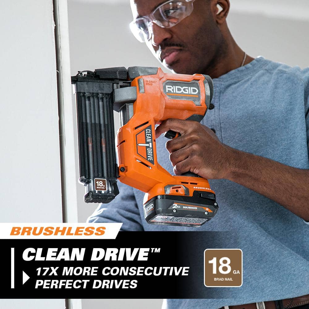RIDGID 18V Brushless Cordless 18-Gauge 2-1/8 in. Brad Nailer with (2) 4.0 Ah Batteries, Charger, and Bag