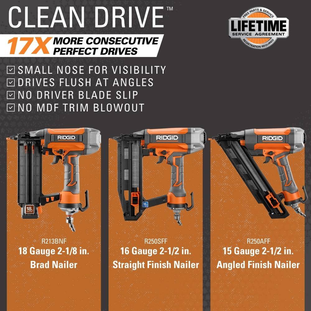 RIDGID Pneumatic 18-Gauge 2-1/8 in. Brad Nailer with CLEAN DRIVE Technology with Straight Finish Nailer