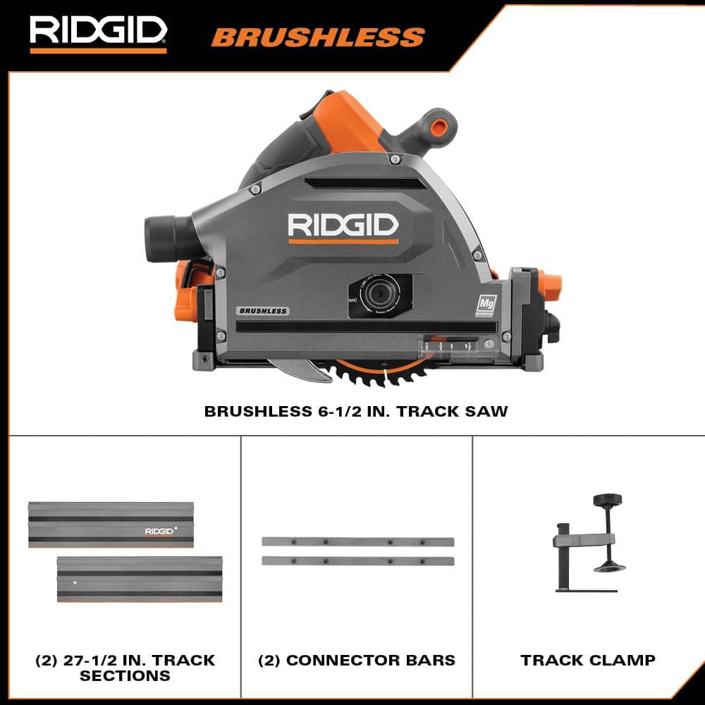 RIDGID 18V Brushless Cordless Track Saw (Tool Only) with (2) 27.5 in. Tracks and (3) Track Saw Clamps