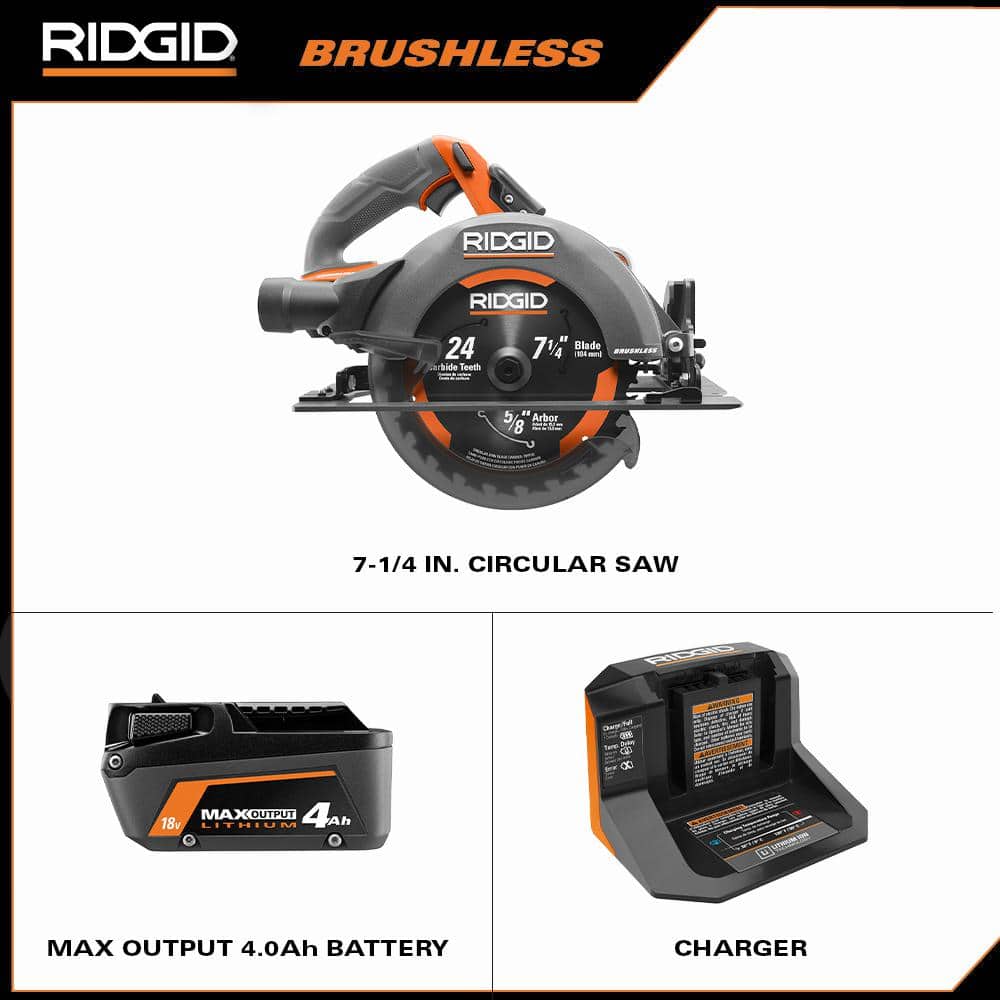 RIDGID 18V Brushless Cordless 7-1/4 in. Circular Saw Kit with 4.0 Ah MAX Output Battery and Charger with Extra Blade