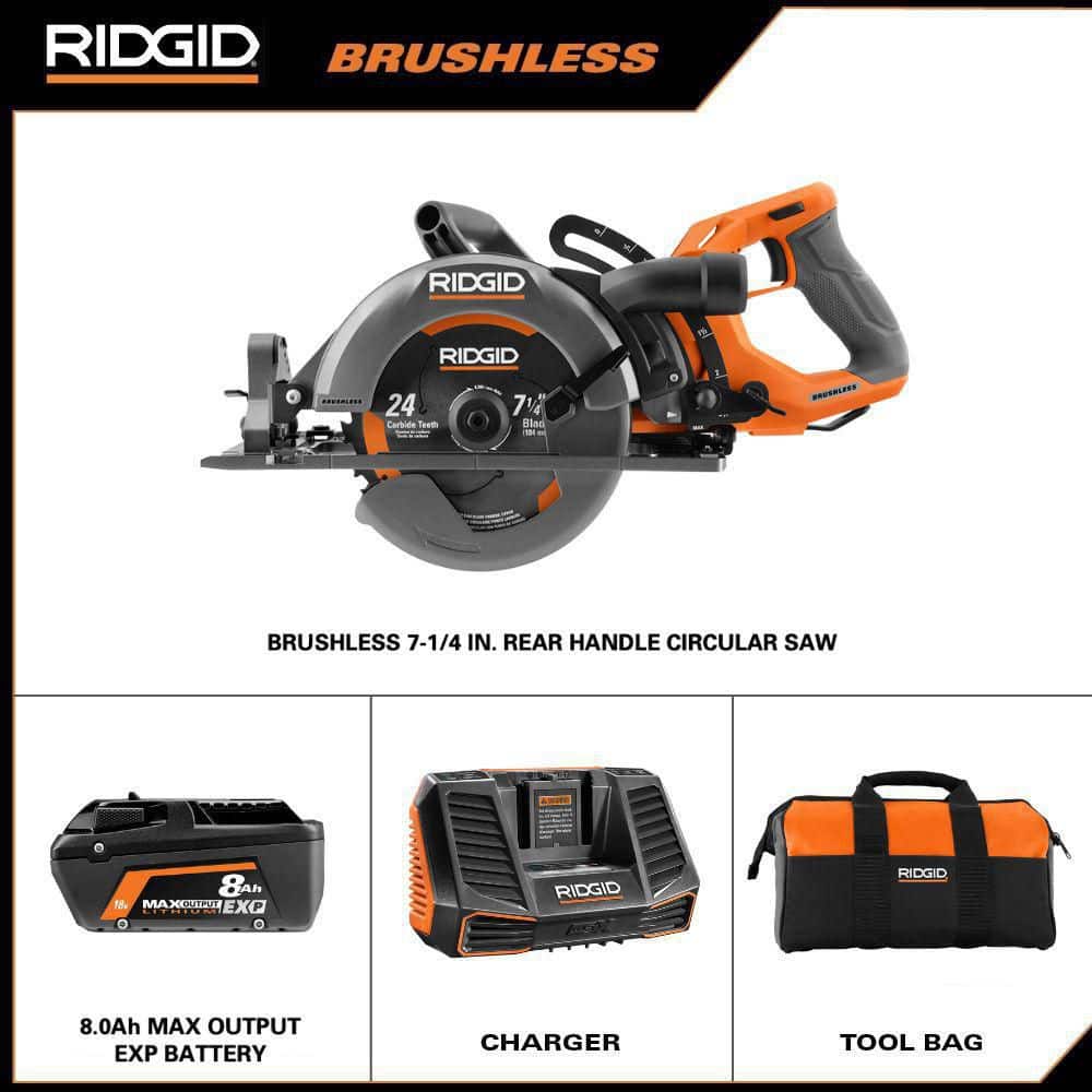 RIDGID 18V Brushless Cordless 7-1/4 in. Rear Handle Circular Saw Kit with 8.0 Ah MAX Output Battery, 18V Charger and Bag