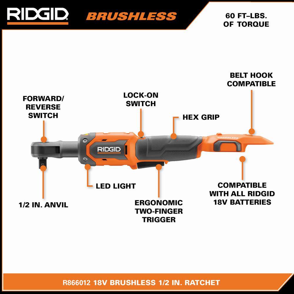 RIDGID 18V Brushless Cordless 1/2 in. Ratchet with FREE 2.0 Ah Lithium-Ion Battery