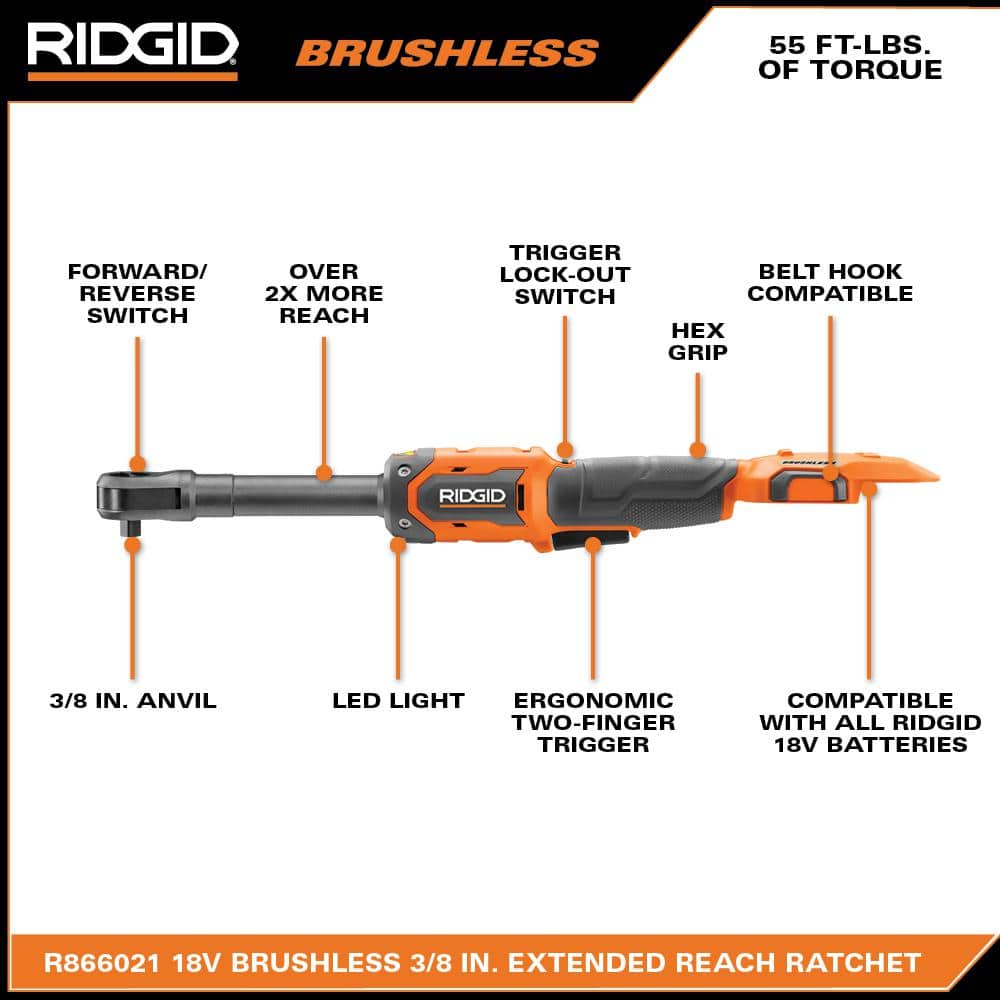RIDGID 18V Brushless Cordless 3/8 in. Extended Reach Ratchet (Tool Only) with Protective Boot