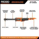 RIDGID 18V Brushless Cordless 3/8 in. Extended Reach Ratchet (Tool Only) with Protective Boot