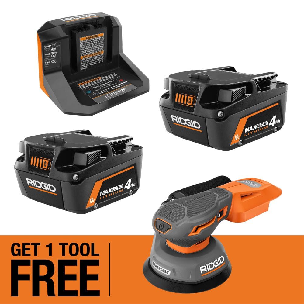 RIDGID 18V MAX Output Starter Kit with (2) 4.0 Ah MAX Output Batteries and Charger with FREE 18V Subcompact Low Profile Sander