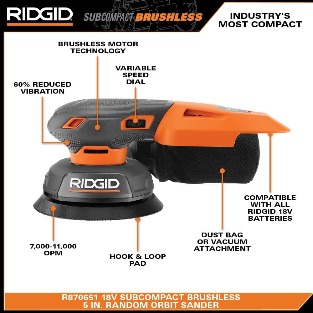 RIDGID 18V SubCompact Brushless Random Orbit Sander (Tool Only)