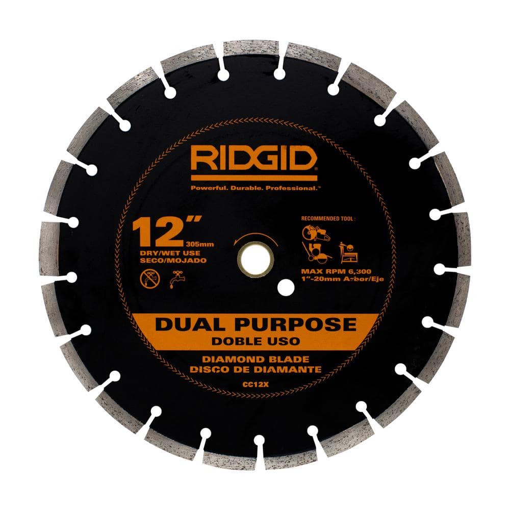 RIDGID 12 in. Dual-Purpose Diamond Blade, Segmented Rim, 1 in. Arbor with 20 mm Adapter