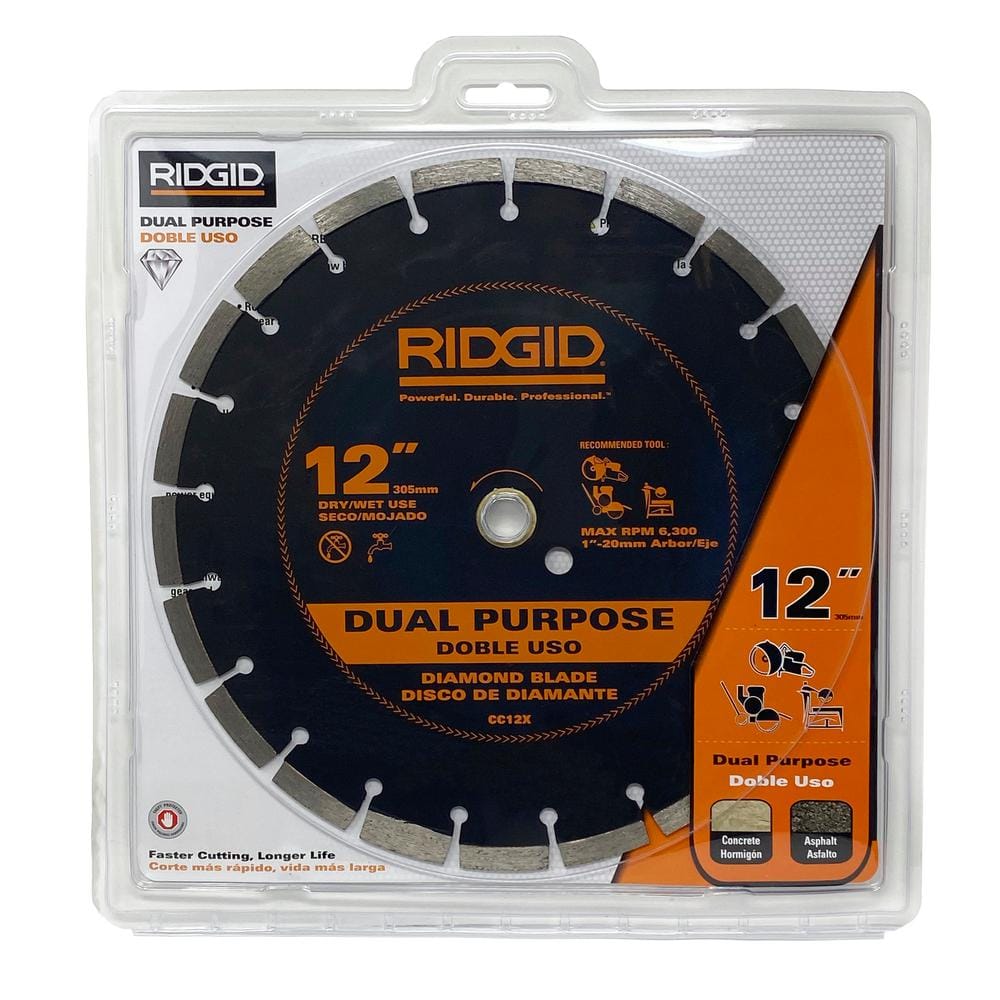 RIDGID 12 in. Dual-Purpose Diamond Blade, Segmented Rim, 1 in. Arbor with 20 mm Adapter