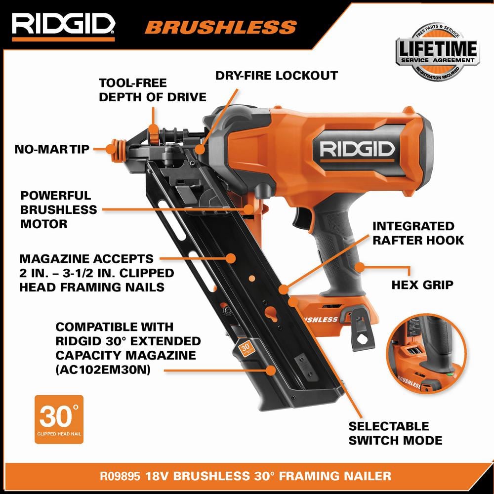 RIDGID 18V (2) 4.0 Ah Batteries and Charger Kit with 18V Brushless Cordless 30° Framing Nailer