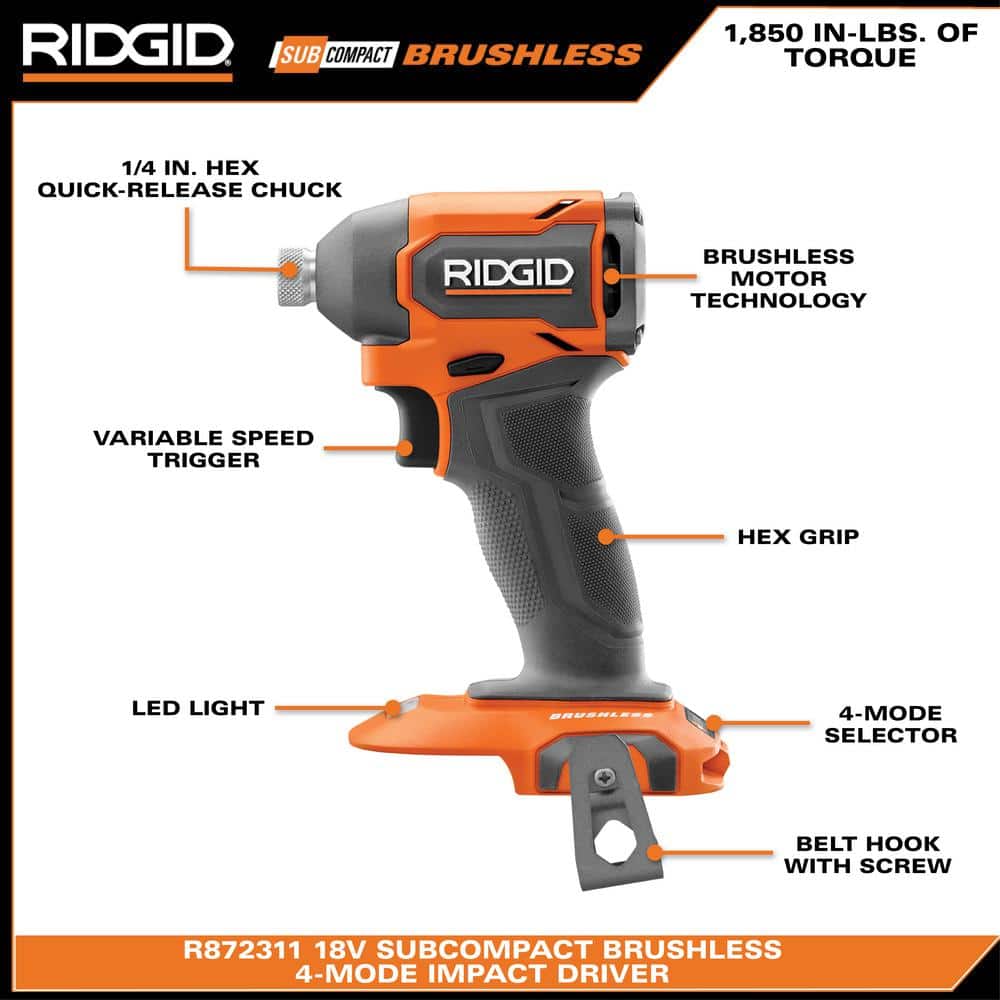 RIDGID 18V SubCompact Brushless Cordless Impact Driver Kit with 2.0 Ah Battery, Charger, and Tool Bag