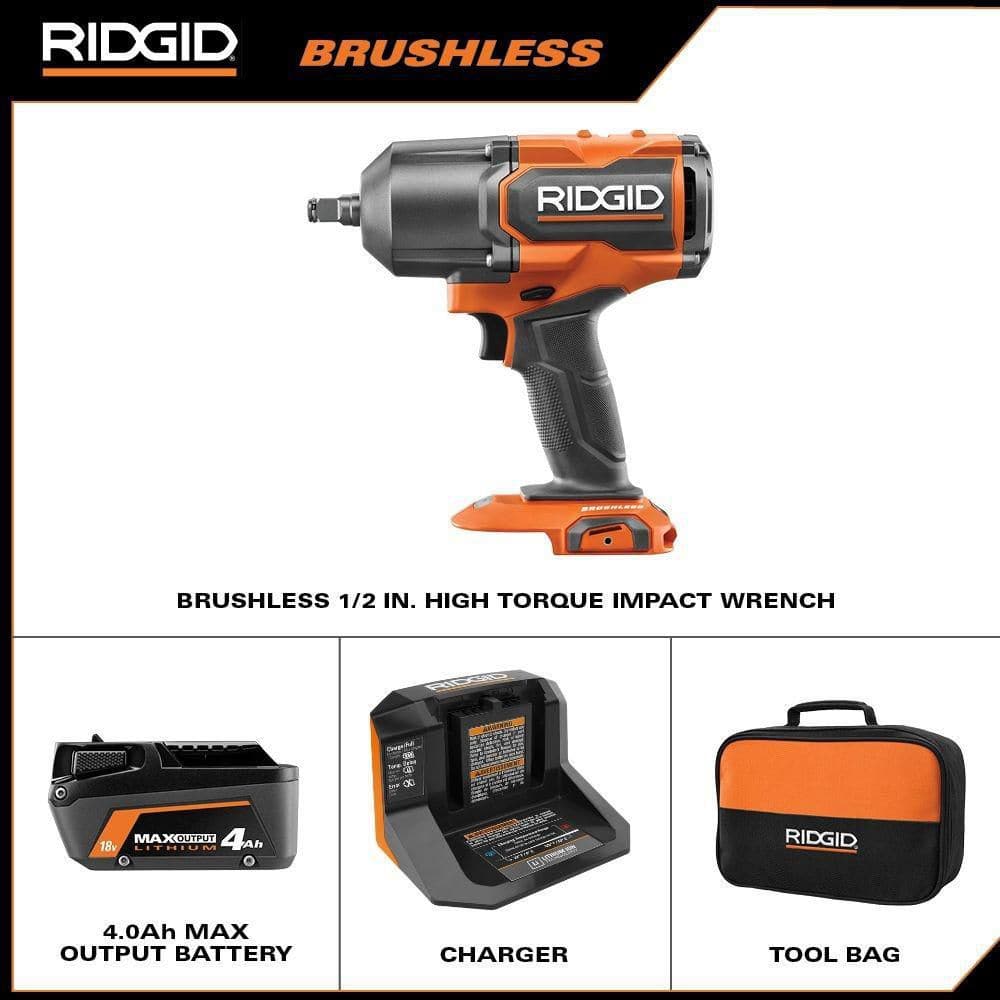RIDGID 18V Brushless Cordless 4-Mode 1/2 in. High-Torque Impact Wrench Kit with 4.0 Ah Battery and Charger