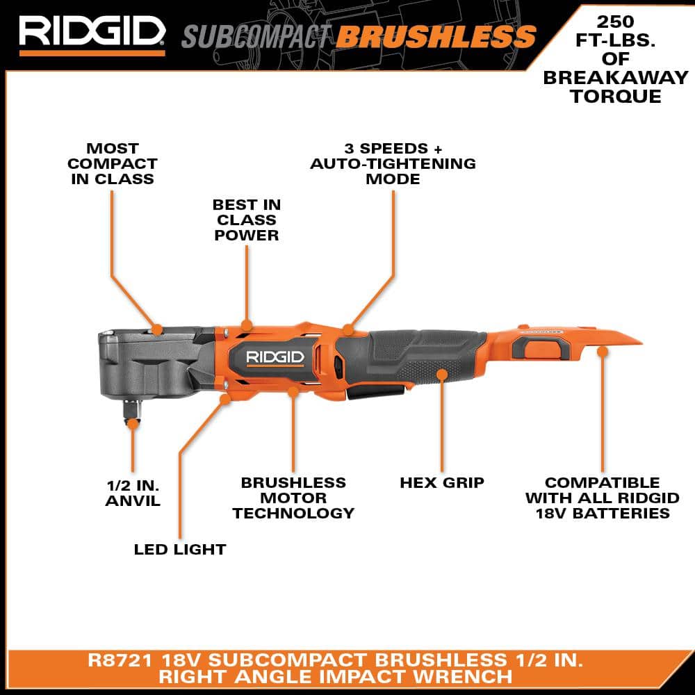 RIDGID 18V SubCompact Brushless 1/2 in. Right Angle Impact Wrench with FREE 2.0 Ah Battery
