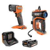RIDGID 18V Cordless Digital Inflator Kit with 2.0 Ah Battery and Charger with 18V Cordless LED Work Light