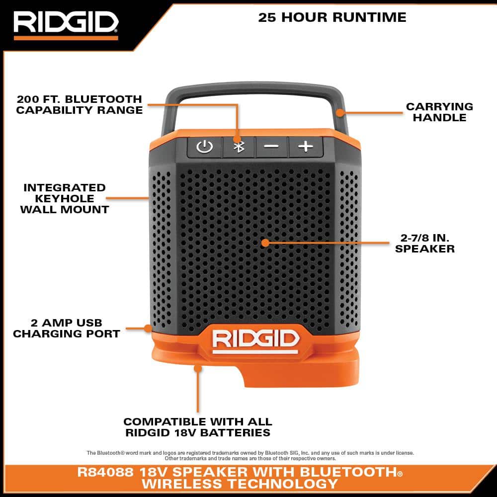 RIDGID 18V Cordless Speaker with Bluetooth Wireless Technology with FREE 2.0 Ah Lithium-Ion Battery