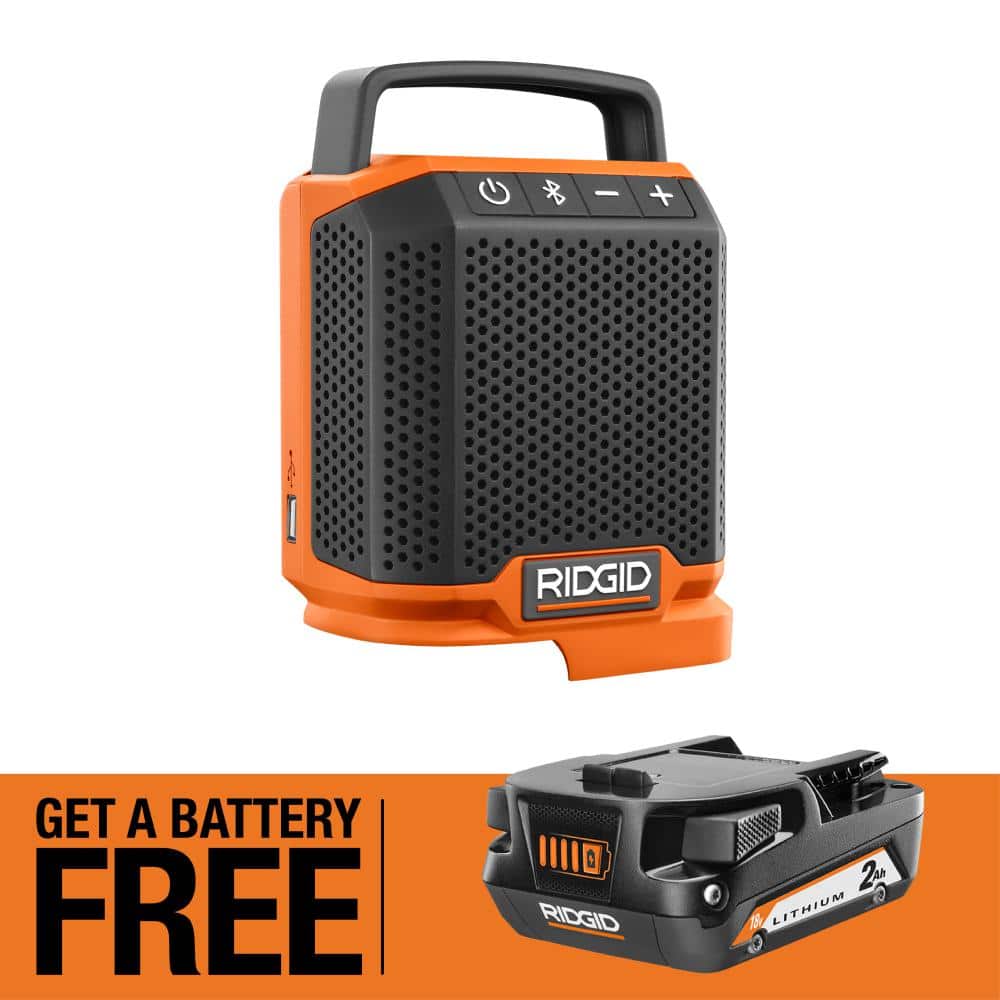 RIDGID 18V Cordless Speaker with Bluetooth Wireless Technology with FREE 2.0 Ah Lithium-Ion Battery