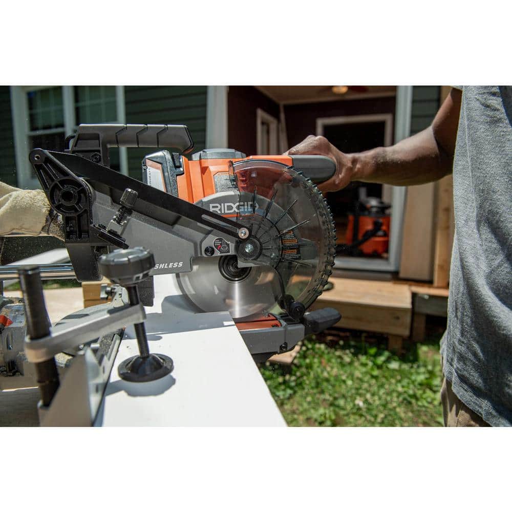 RIDGID 18V Miter Saw with Kit with (2) 4.0 Ah MAX Output Batteries and Charger with 18V Brushless Sliding Miter Saw