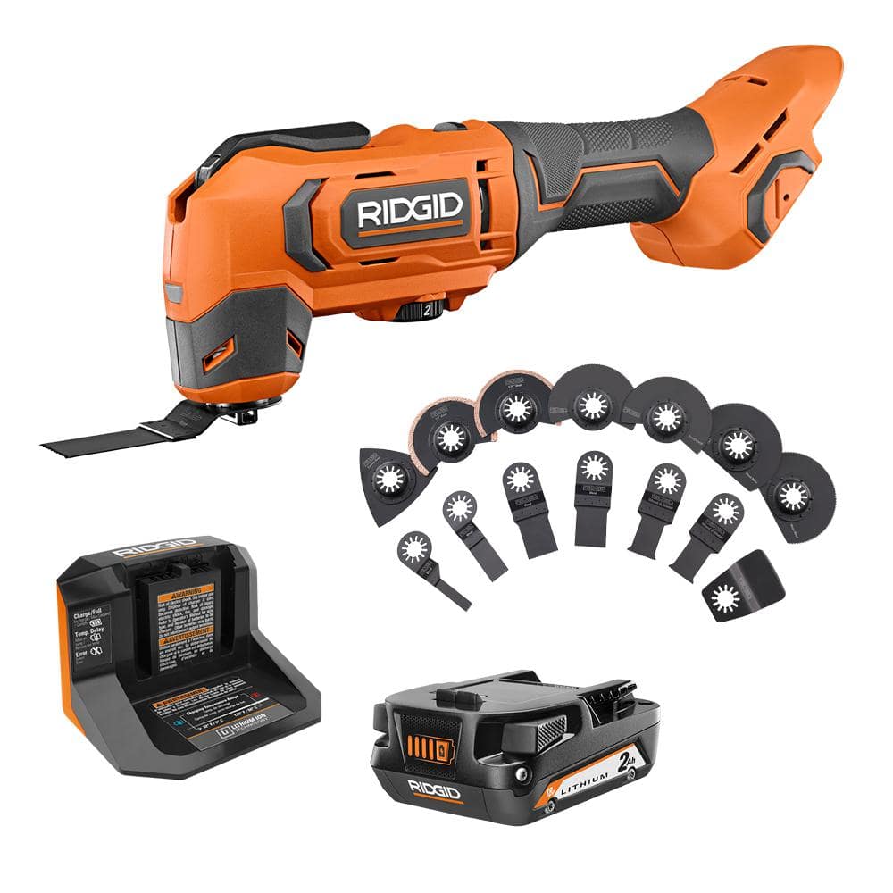 RIDGID 18V Cordless Oscillating Multi-Tool w/ 2.0 Ah Battery, Charger, and 14-Piece Oscillating Multi-Tool Blade Accessory Kit