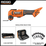 RIDGID 18V Cordless Oscillating Multi-Tool w/ 2.0 Ah Battery, Charger, and 14-Piece Oscillating Multi-Tool Blade Accessory Kit