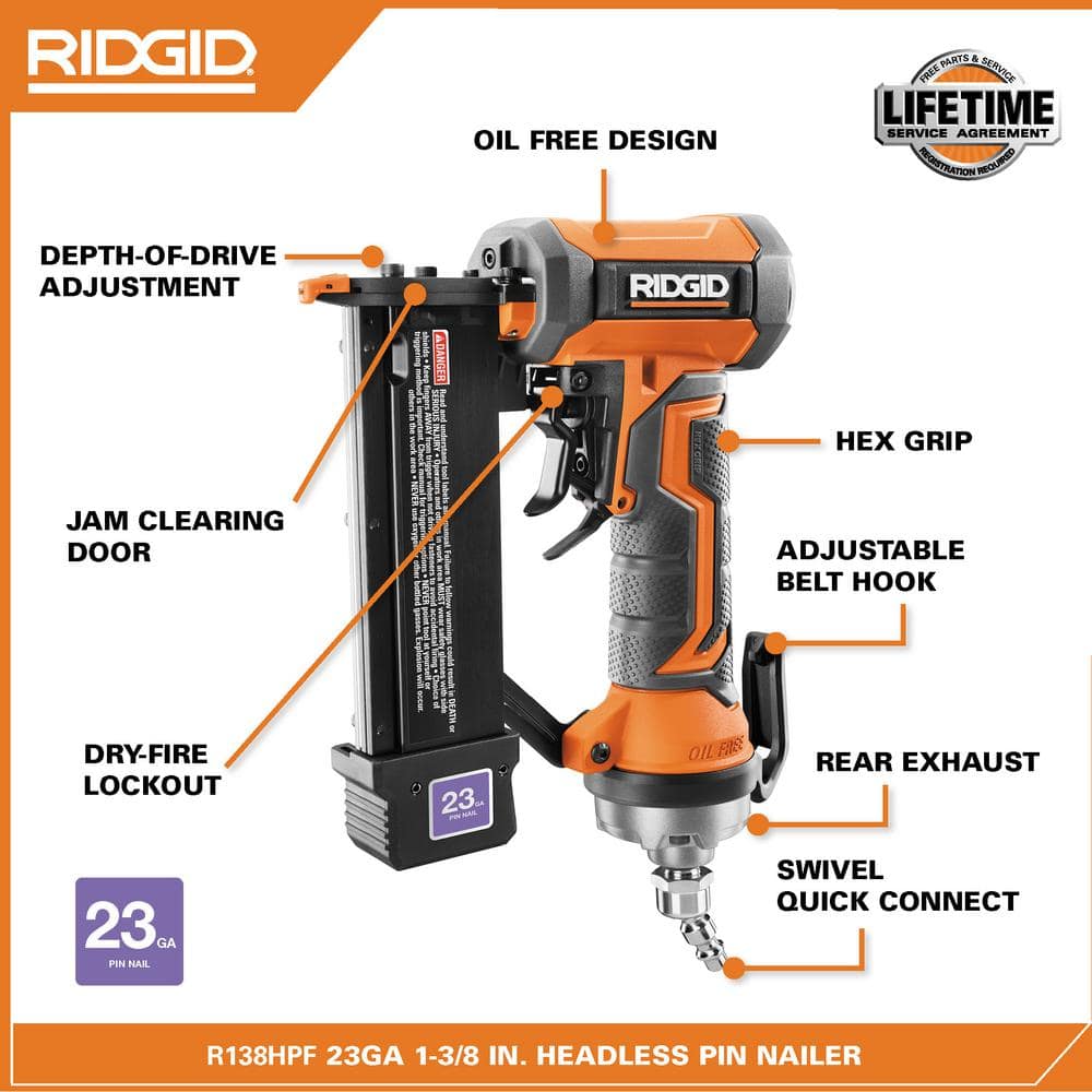 RIDGID Pneumatic 23-Gauge 1-3/8 in. Headless Pin Nailer (R138HPF)