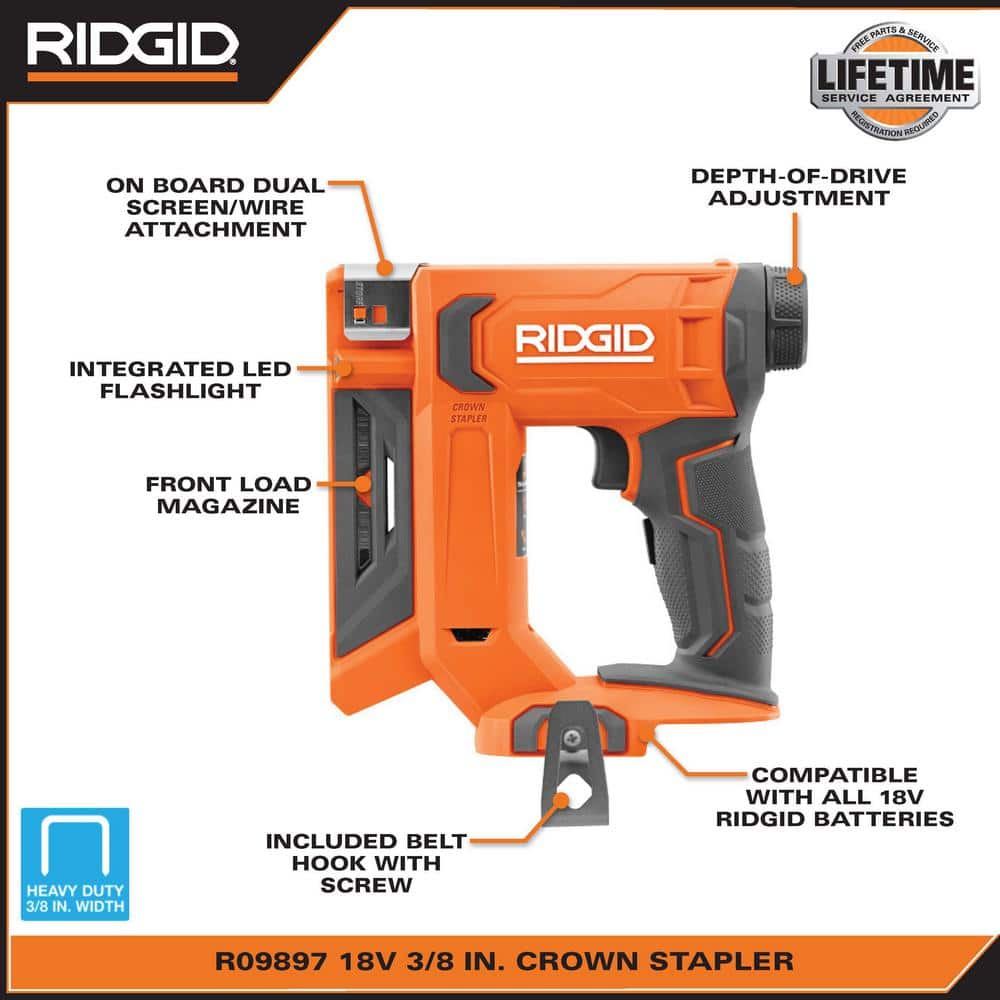 RIDGID 18V Cordless 3/8 in. Crown Stapler Kit  2.0 Ah Battery, Charger, and Extra 2.0 Ah Battery