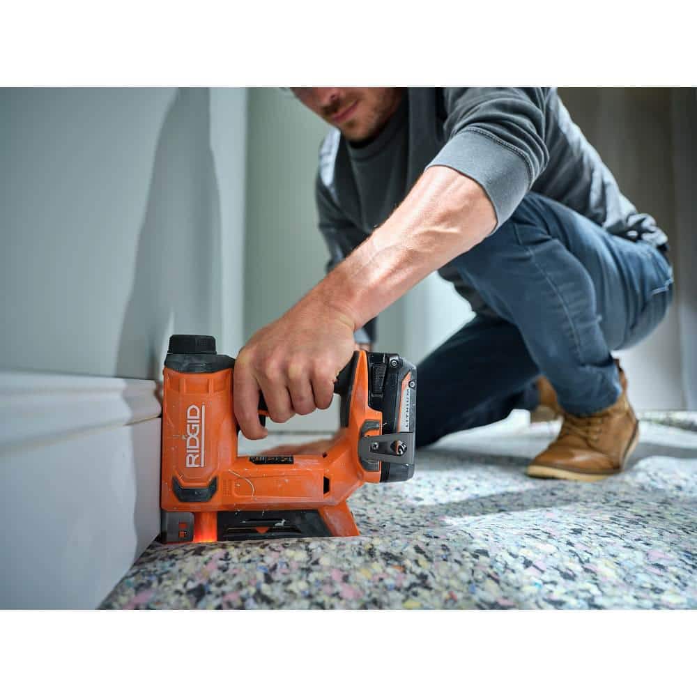 RIDGID 18V Cordless 3/8 in. Crown Stapler Kit  2.0 Ah Battery, Charger, and Extra 2.0 Ah Battery