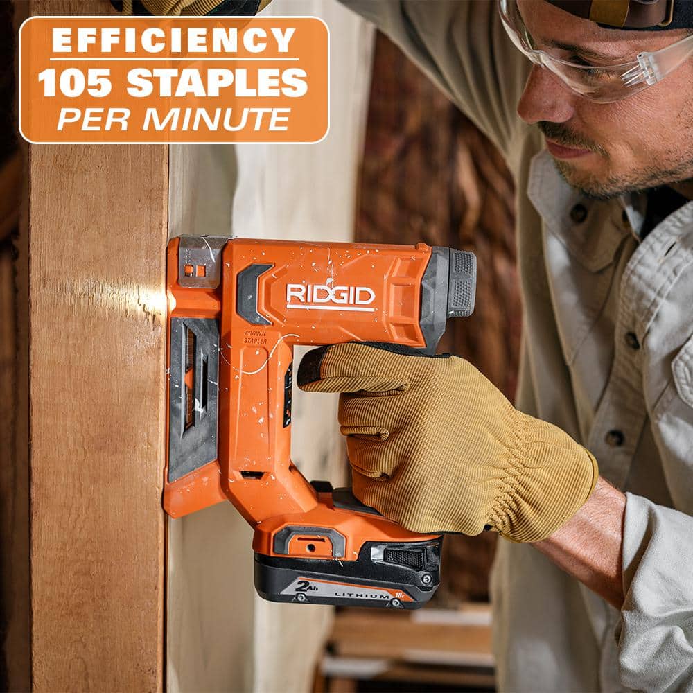 RIDGID 18V Cordless 3/8 in. Crown Stapler Kit  2.0 Ah Battery, Charger, and Extra 2.0 Ah Battery