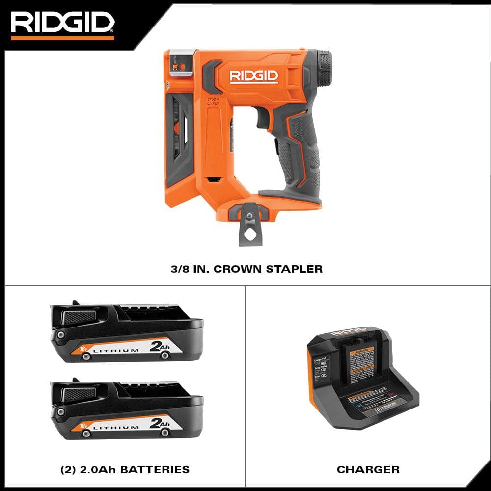 RIDGID 18V Cordless 3/8 in. Crown Stapler Kit  2.0 Ah Battery, Charger, and Extra 2.0 Ah Battery
