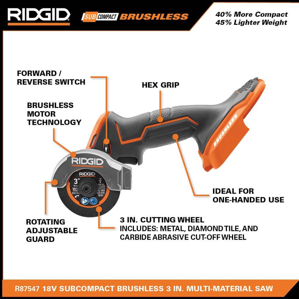 RIDGID 18V SubCompact Brushless Cordless 3 in. Multi-Material Saw (Tool Only) with (3) Cutting Wheels