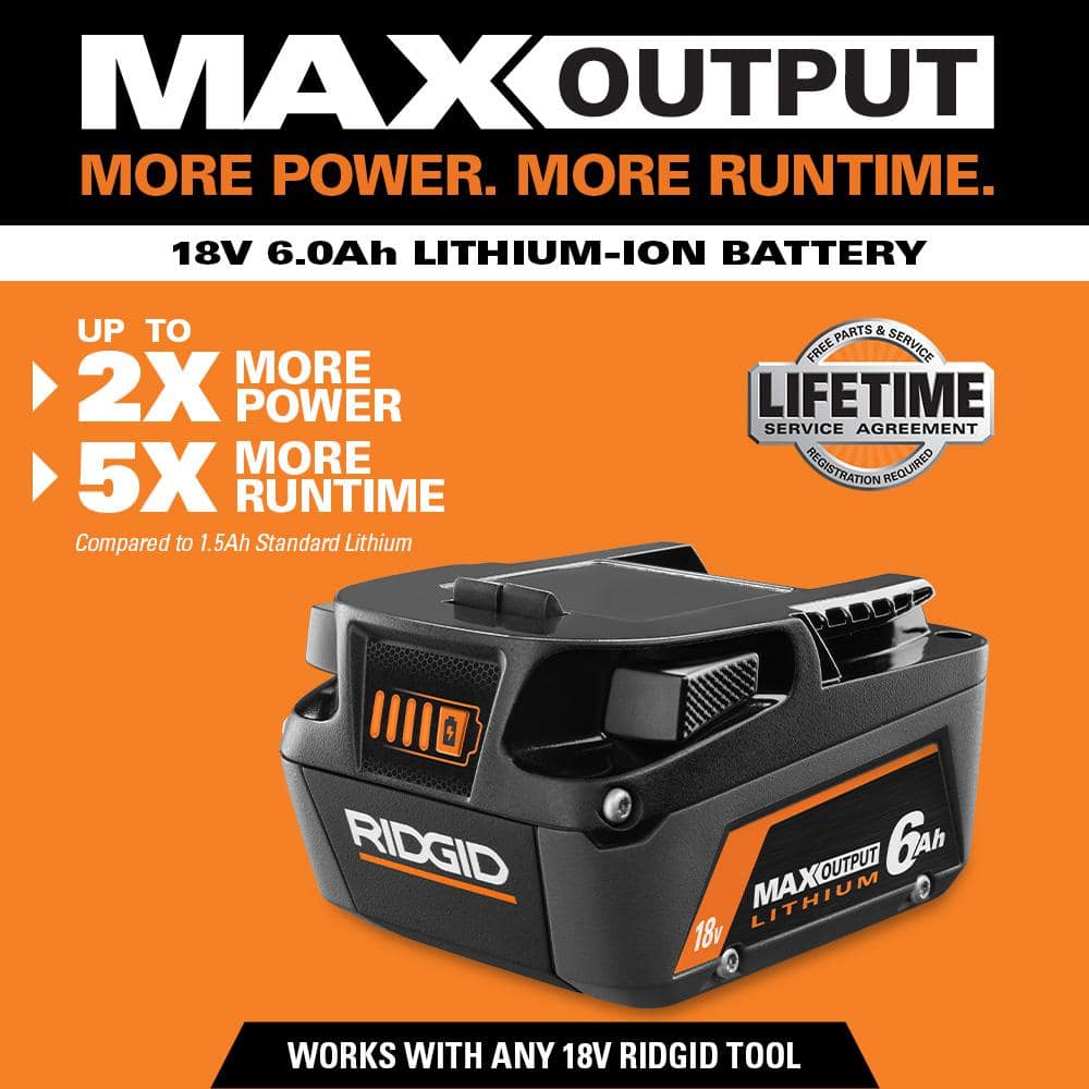 RIDGID 18V Lithium-Ion MAX Output 6.0 Ah Battery, MAX Output 4.0 Ah, and MAX Output 2.0 Ah