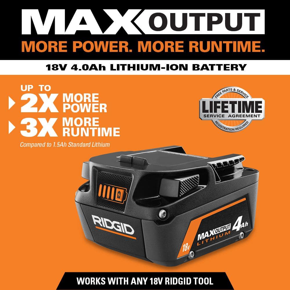 RIDGID 18V Lithium-Ion MAX Output 6.0 Ah Battery, MAX Output 4.0 Ah, and MAX Output 2.0 Ah