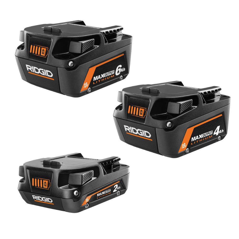 RIDGID 18V Lithium-Ion MAX Output 6.0 Ah Battery, MAX Output 4.0 Ah, and MAX Output 2.0 Ah