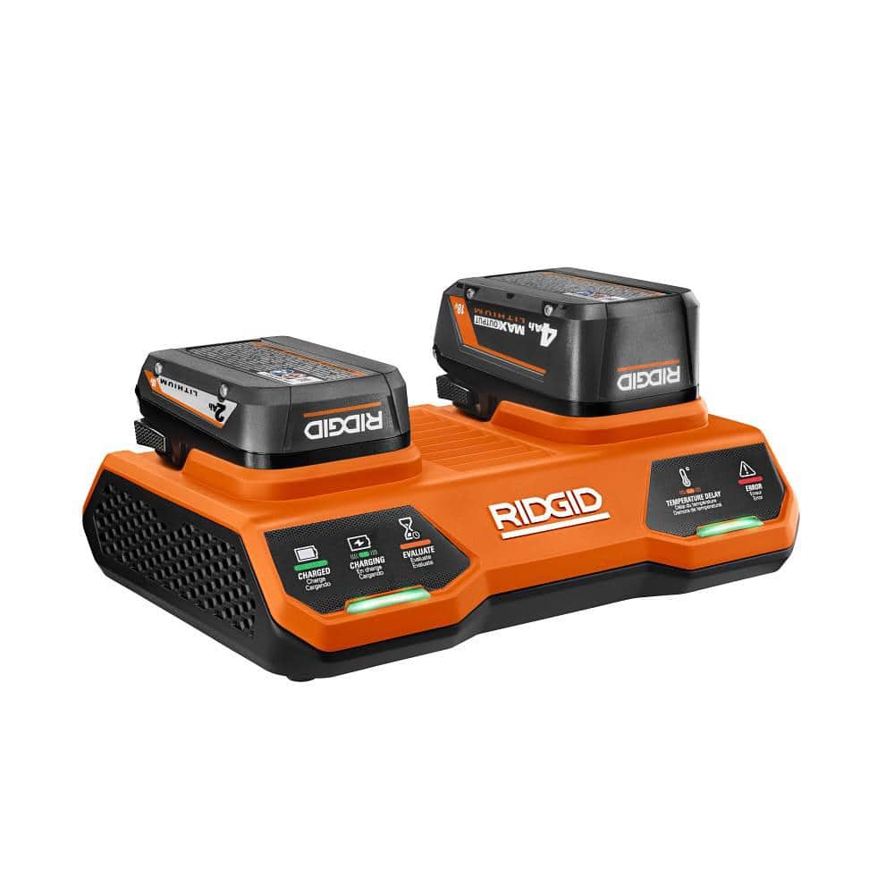 RIDGID 18V Dual Port Simultaneous Charger with 2.0 Ah Battery