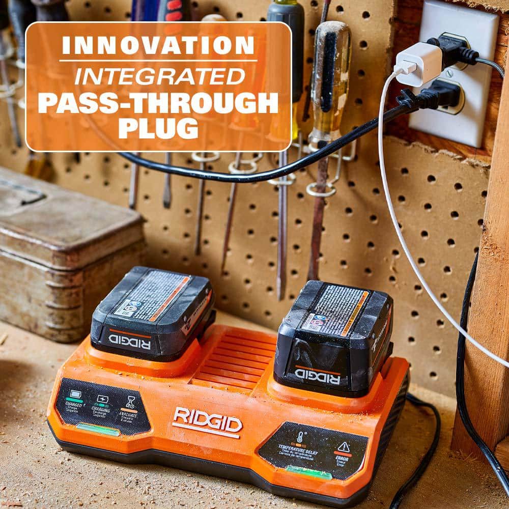RIDGID 18V Dual Port Simultaneous Charger with 2.0 Ah Battery