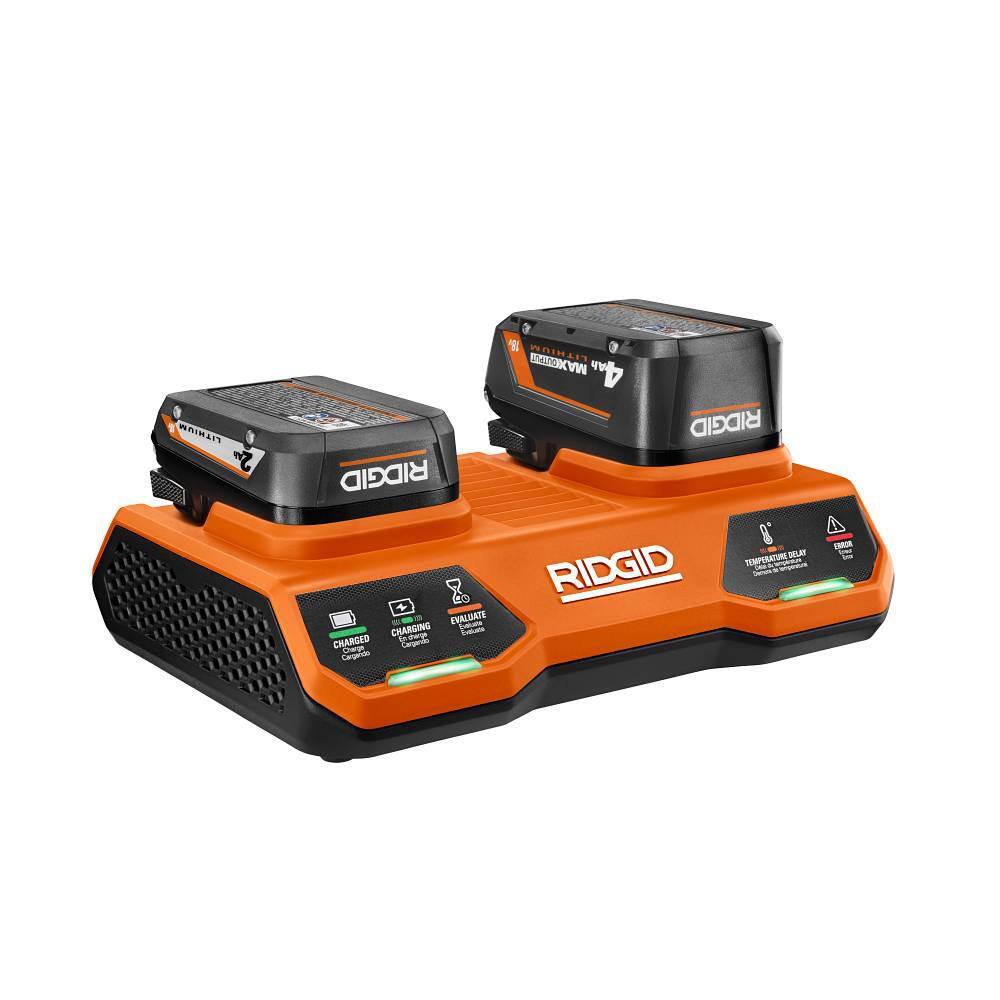 RIDGID 18V Dual Port Simultaneous Charger with 18V 2.0 Ah Compact Lithium-Ion Battery (2-Pack)