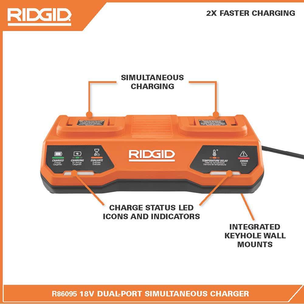 RIDGID 18V Dual Port Simultaneous Charger with 18V 2.0 Ah Compact Lithium-Ion Battery (2-Pack)