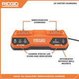 RIDGID 18V Dual Port Simultaneous Charger with 18V 2.0 Ah Compact Lithium-Ion Battery (2-Pack)