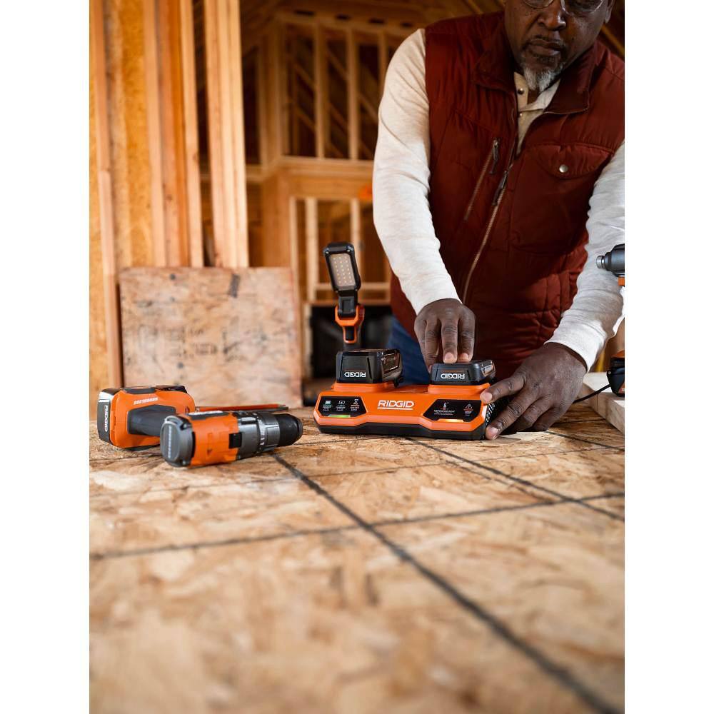 RIDGID 18V Dual Port Simultaneous Charger with 18V 2.0 Ah Compact Lithium-Ion Battery (2-Pack)