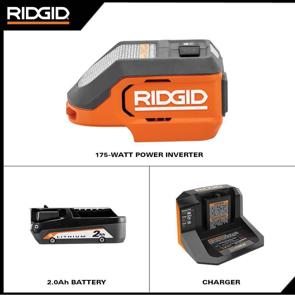 RIDGID 18V Cordless 175-Watt Power Inverter Kit with 2.0 Ah Battery and Charger