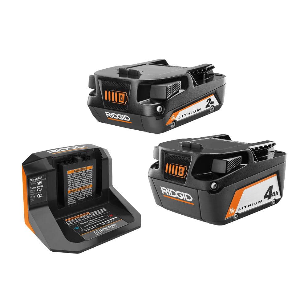 RIDGID 18V Lithium-Ion (1) 4.0 Ah Battery, (1) 2.0 Ah Battery, and 18V Charger