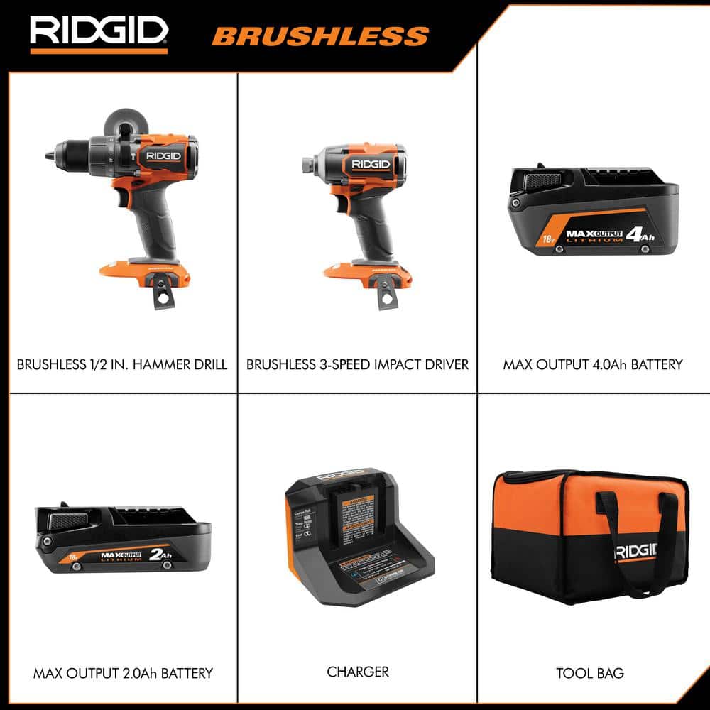 RIDGID 18V Brushless Cordless 2-Tool Combo Kit w/ (2) Batteries, Charger, Bag, & FREE 18V Brushless Multi Tool