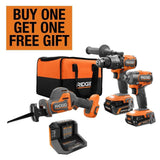 RIDGID 18V Brushless Cordless 2-Tool Combo Kit w/ Hammer Drill, Impact Driver, Recip Saw, Batteries, Charger, & Bag