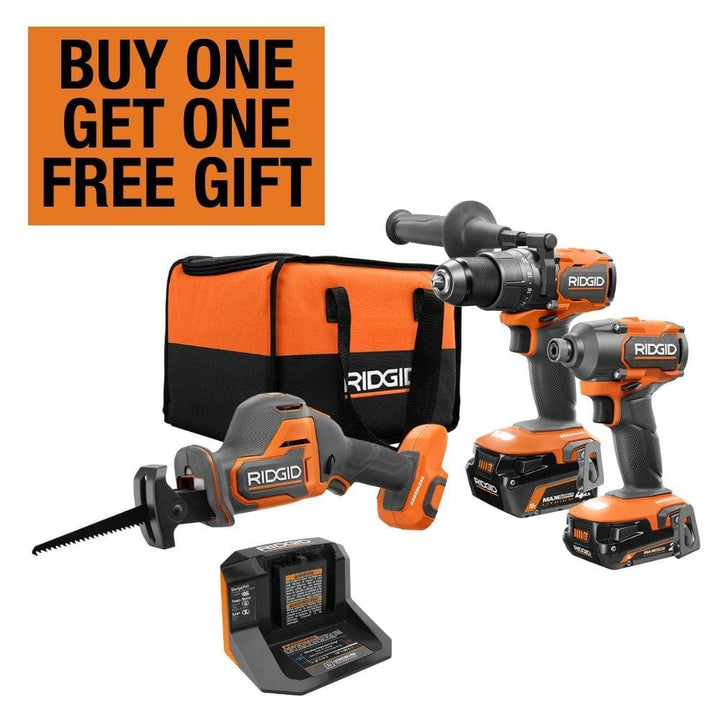 RIDGID 18V Brushless Cordless 2-Tool Combo Kit w/ Hammer Drill, Impact Driver, Recip Saw, Batteries, Charger, & Bag