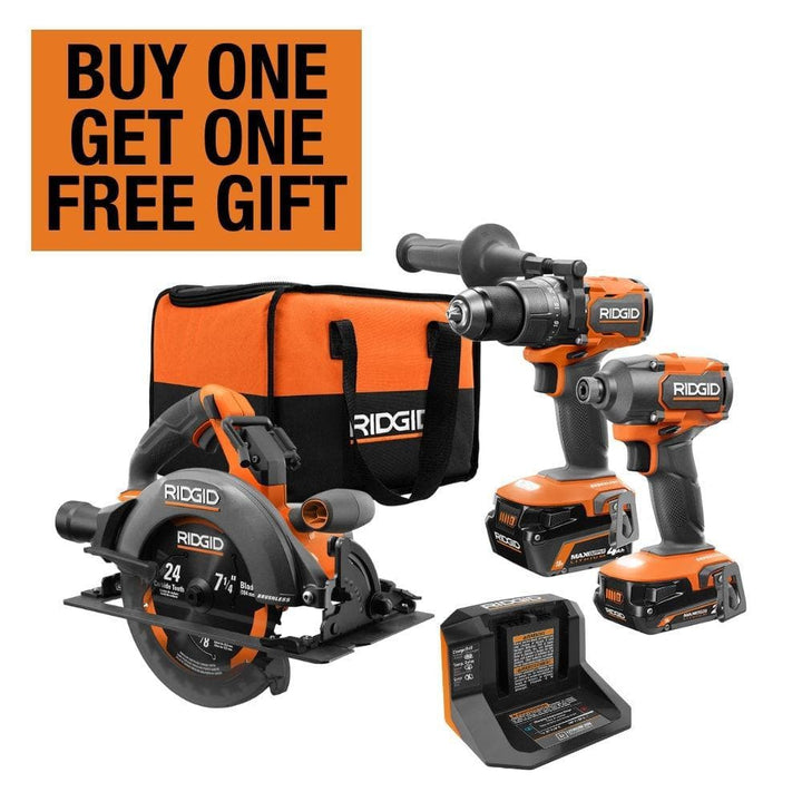 RIDGID 18V Brushless Cordless 2-Tool Combo Kit w/ Hammer Drill, Impact Driver, Batteries, Charger, Bag & Circular Saw